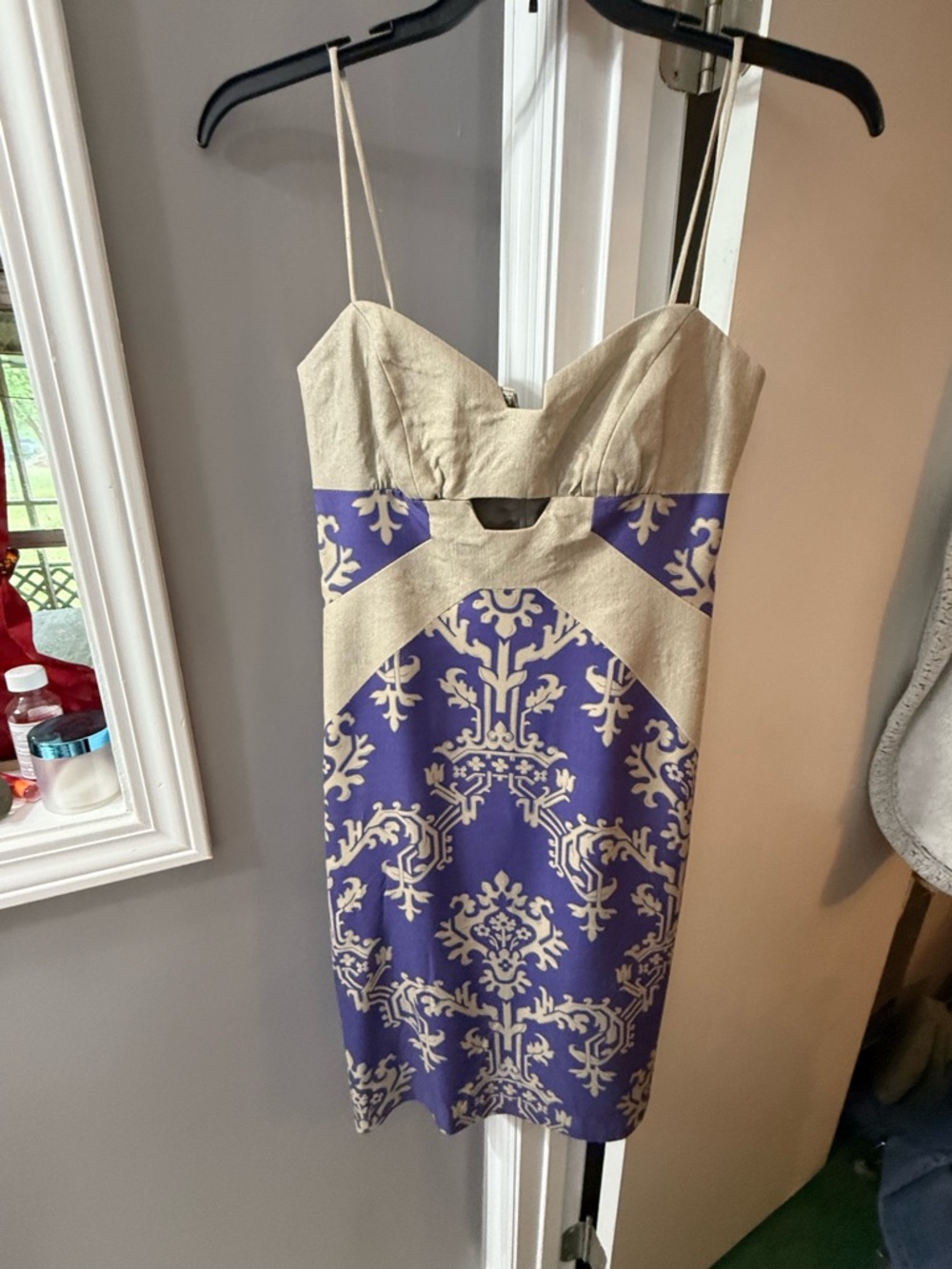 Nicole Miller Purple and Beige Fitted Spaghetti-Strap Sheath Dress